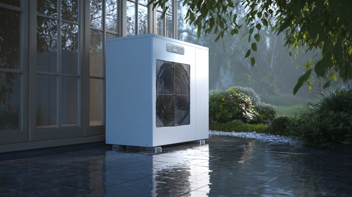 Outdoor heat pump unit installed beside a house with a garden in the background