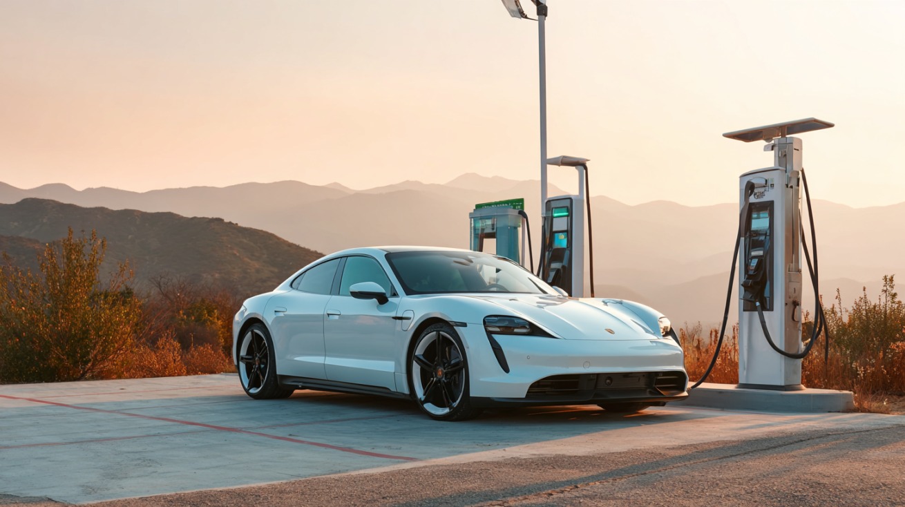 White electric car parked at a charging station in a scenic mountain setting at sunset