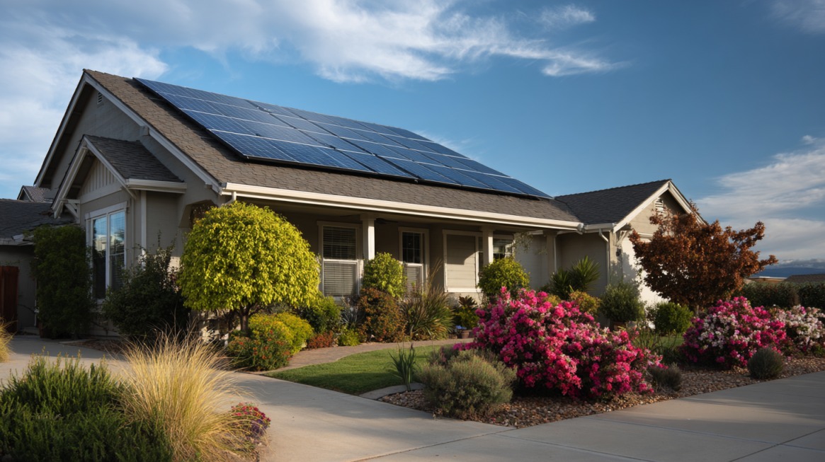 Well-maintained suburban home with rooftop solar panels and landscaped garden