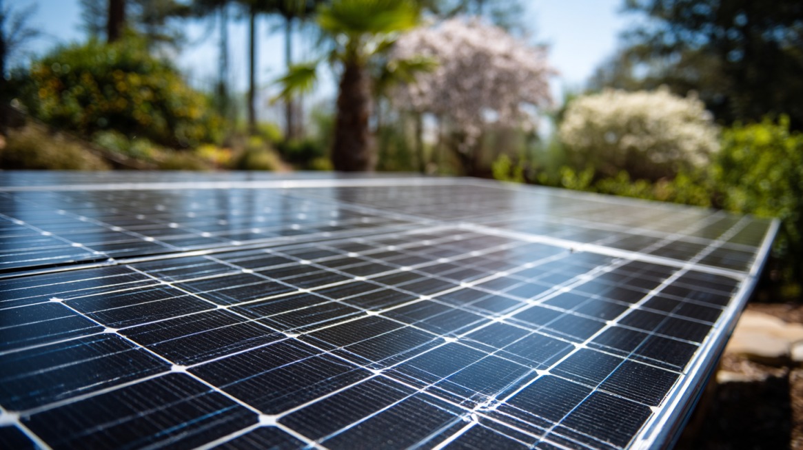 Close-up of solar panels installed outdoors with trees and landscaping in the background