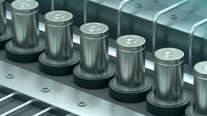 Close-up of cylindrical Tesla battery module cells on an assembly line