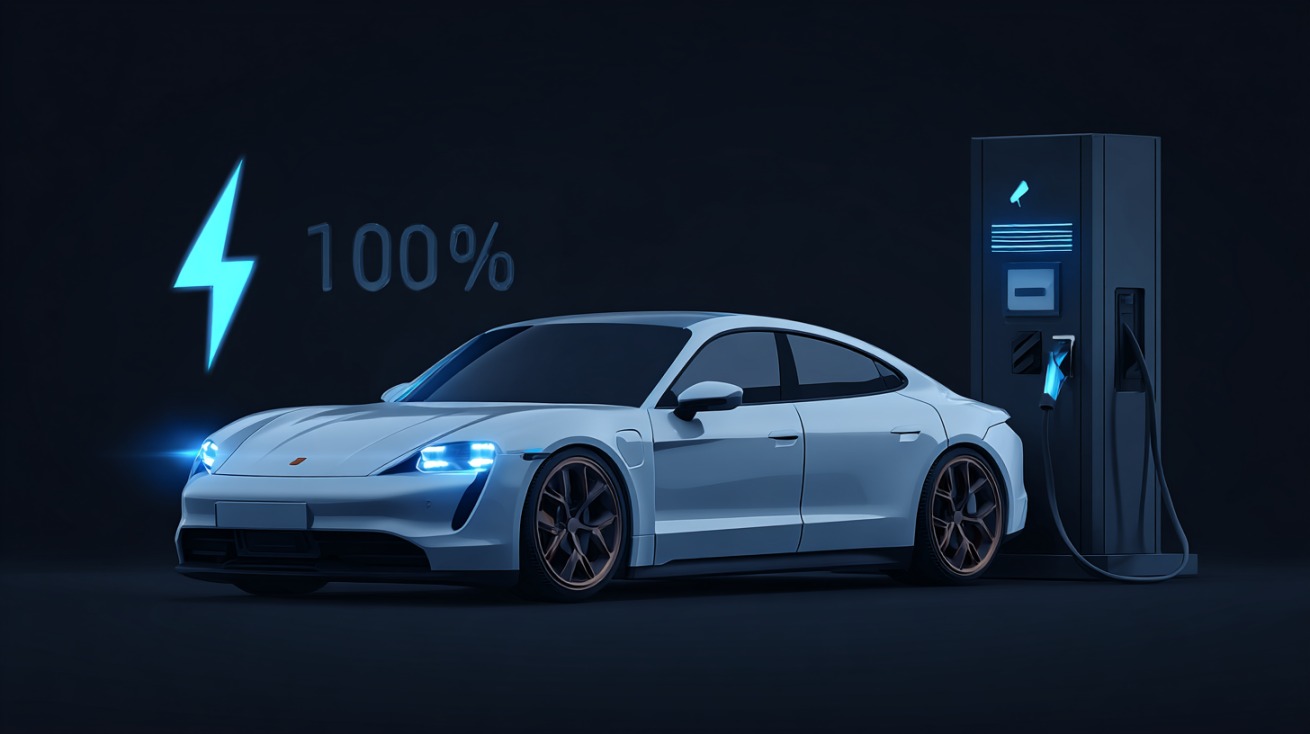 White electric car connected to a charging station with a glowing 100 percent battery icon displayed beside it