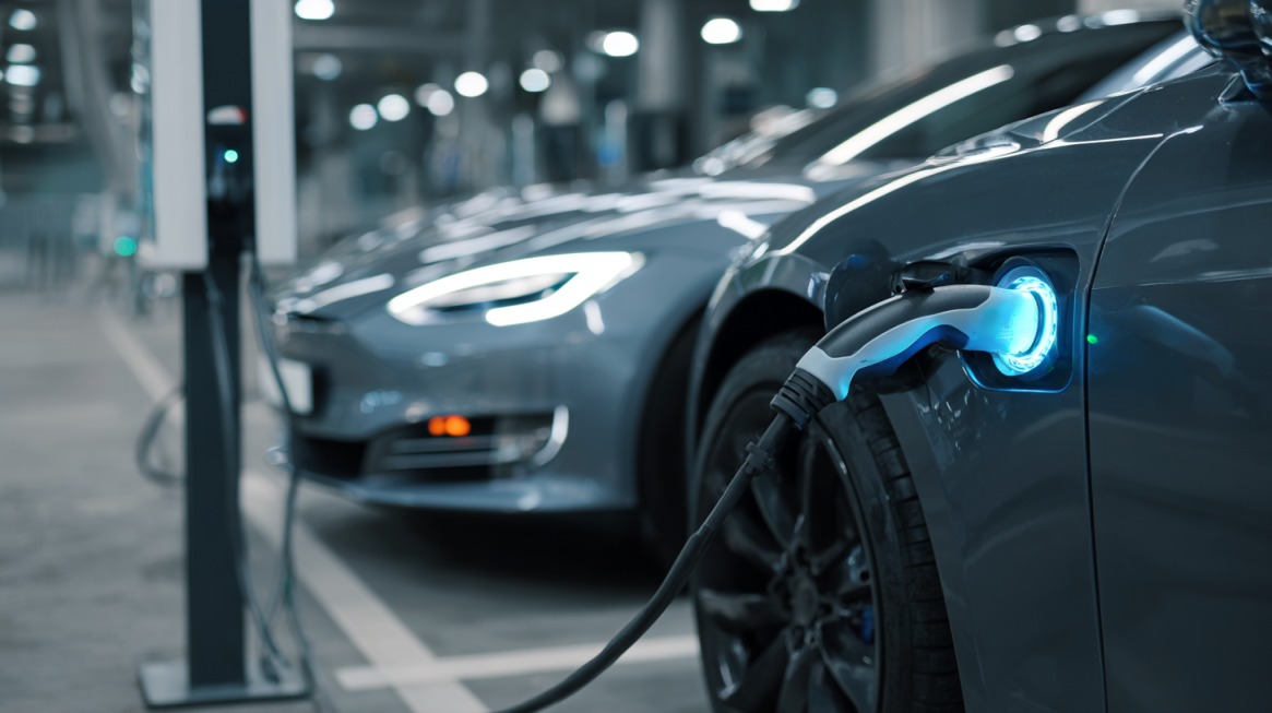 Electric cars plugged into charging stations in a parking garage