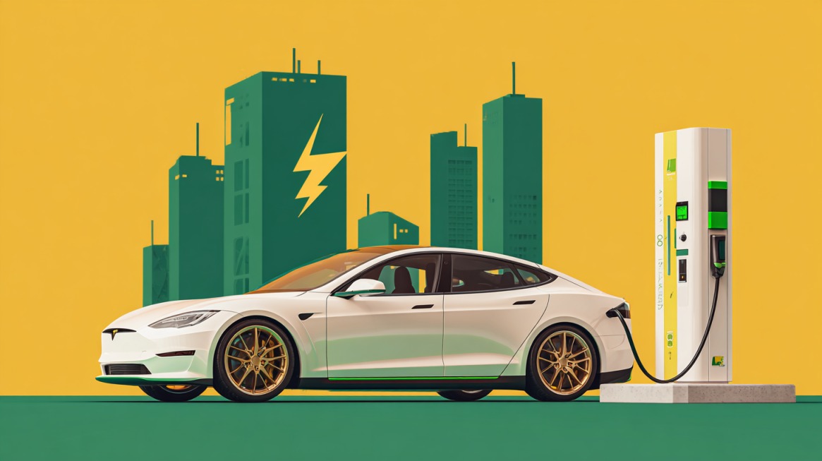 Illustration of electric car connected to a charging station in a city