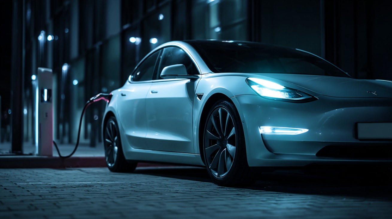 White electric sedan plugged into a charging station at night outside a modern building