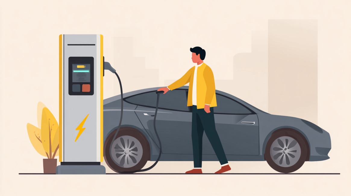 Illustration of person charging an electric car at a station