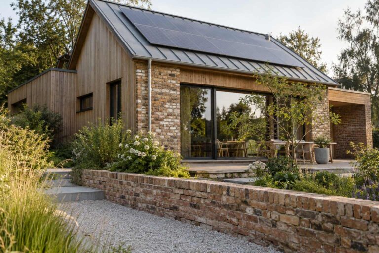 Sustainable home exterior featuring timber siding, brickwork, metal roofing and landscaped garden.