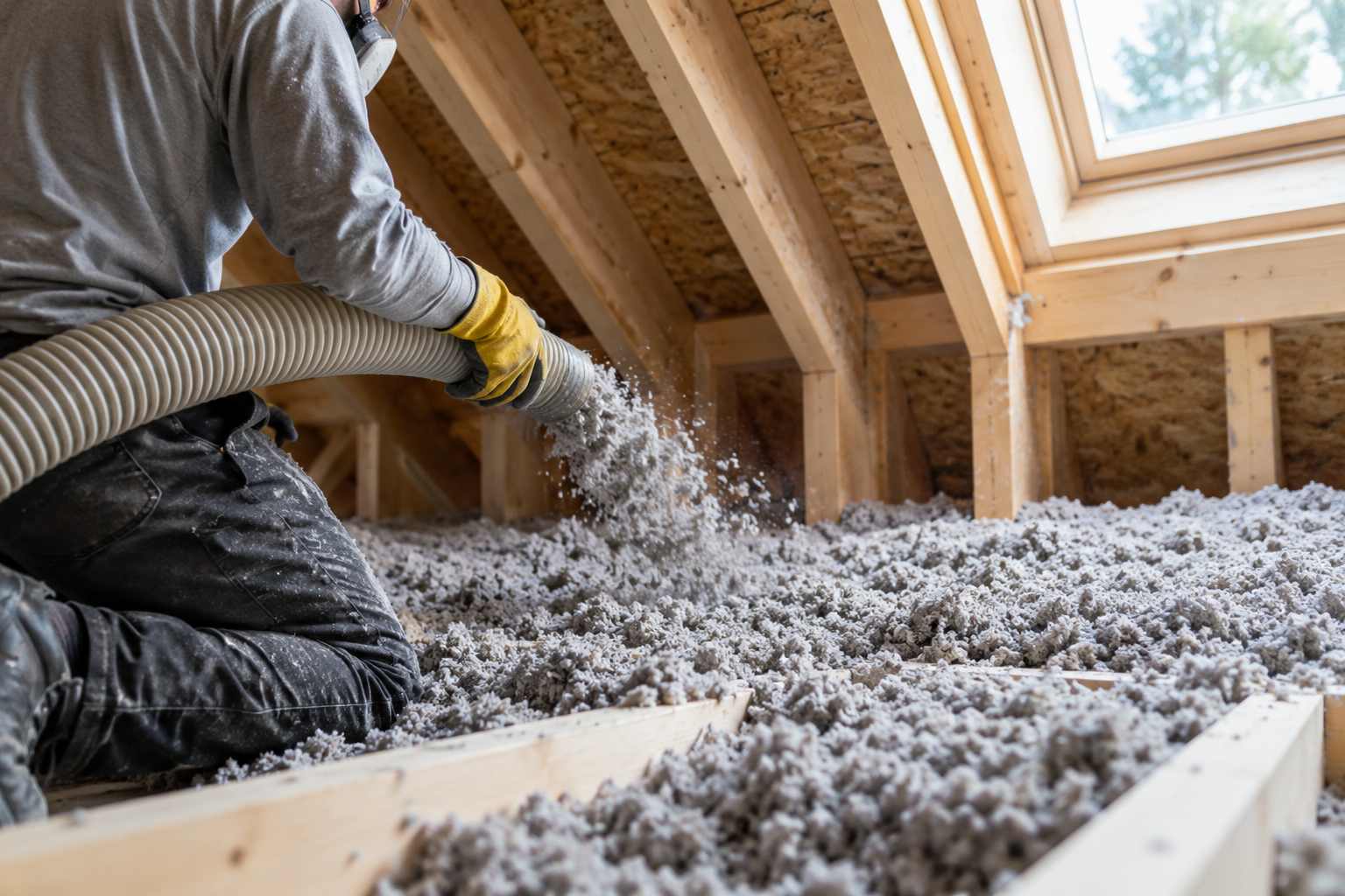 Worker blowing loose-fill cellulose insulation into an attic between wooden floor joists.