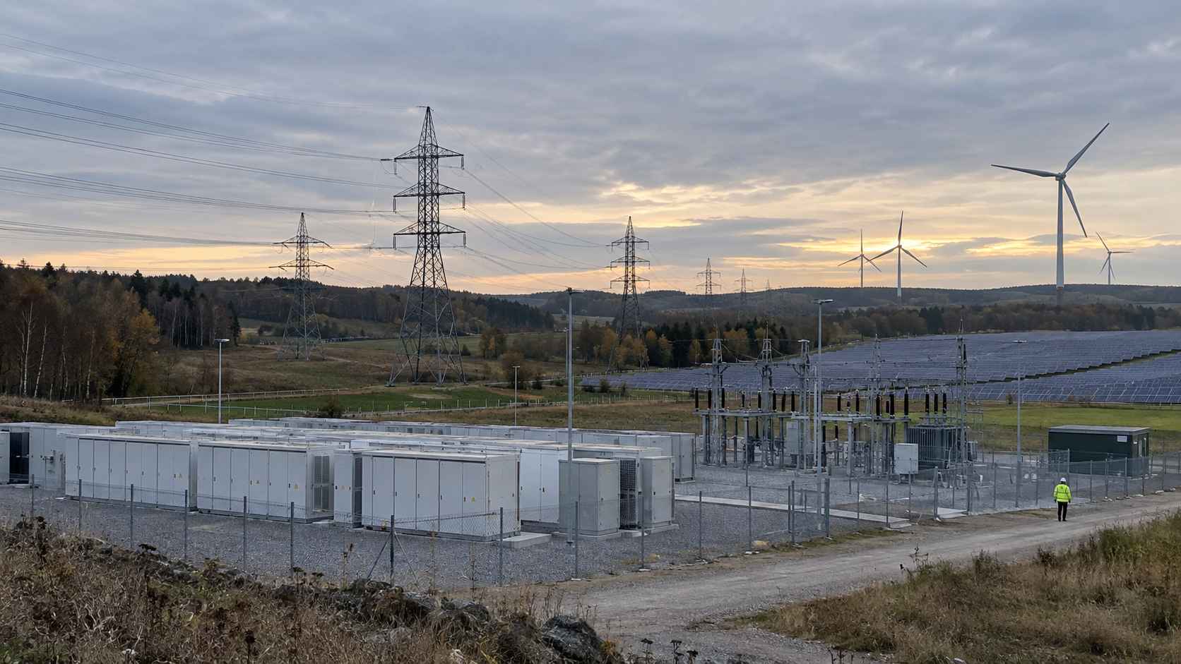Power grid with battery storage, solar panels and wind turbines.