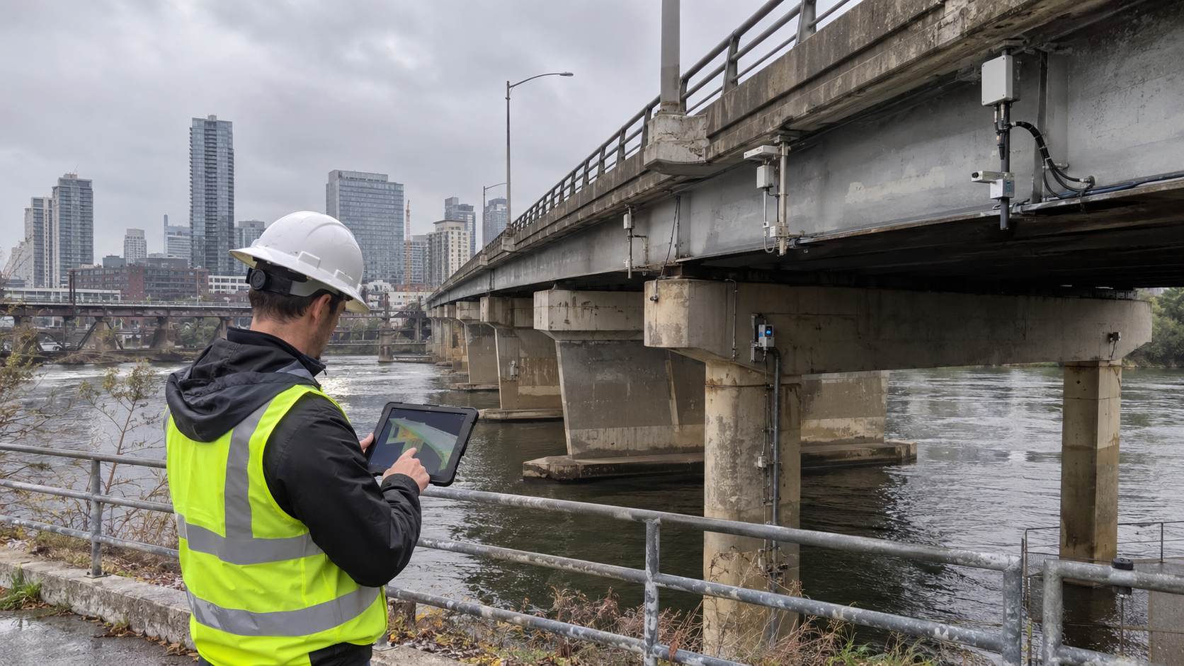 Engineer using a tablet beside a sensor-equipped bridge.