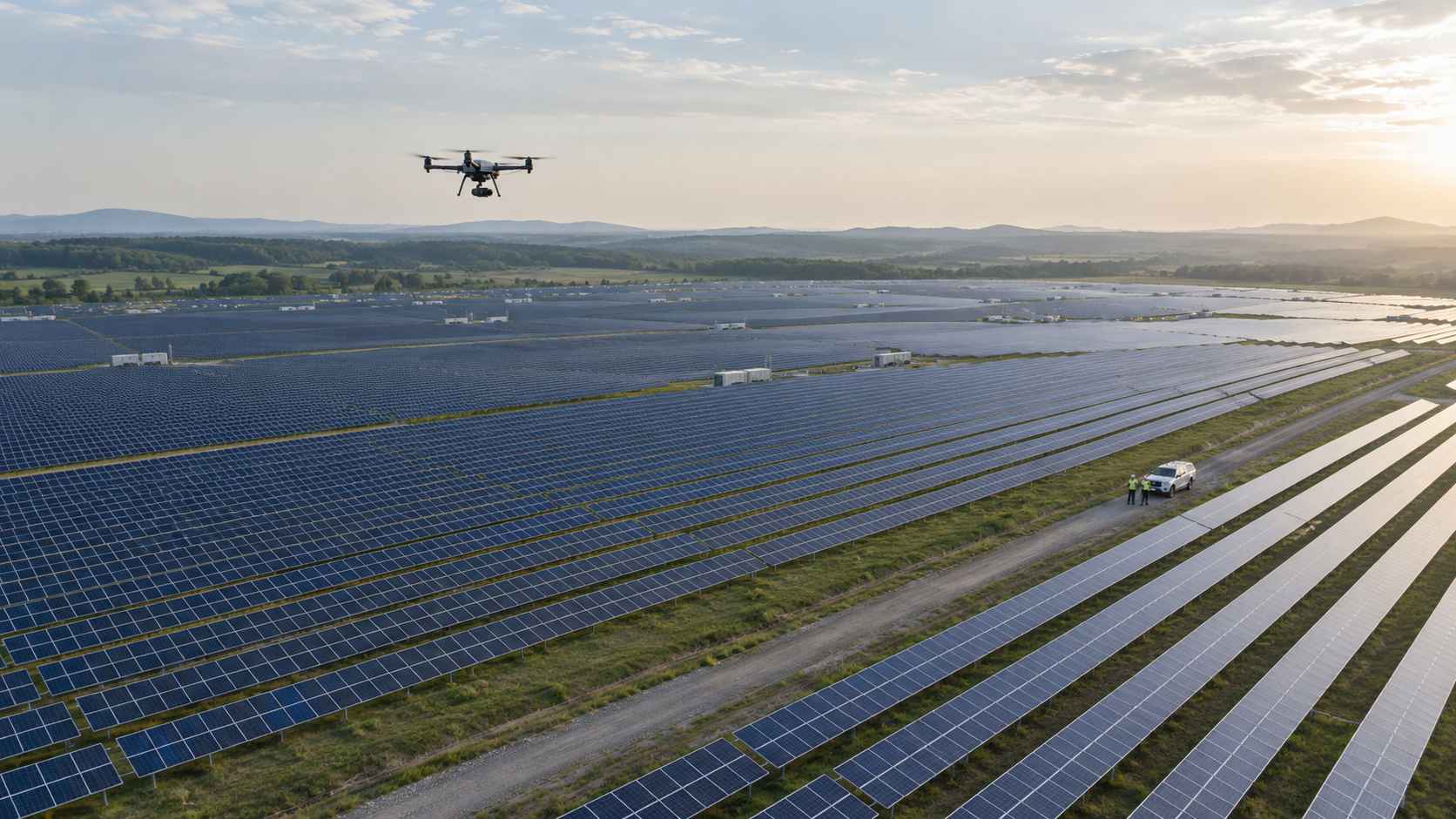 Inspection drone flying above a large utility-scale solar farm.