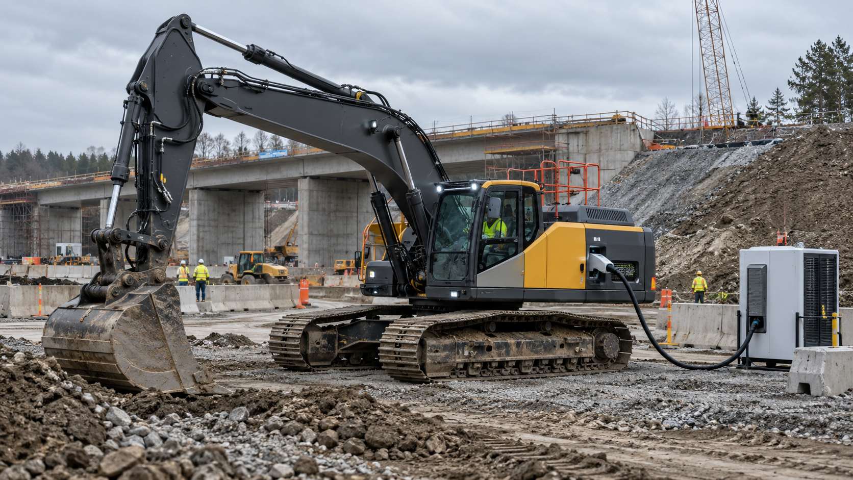 Large electric excavator connected to a charger at a construction site.