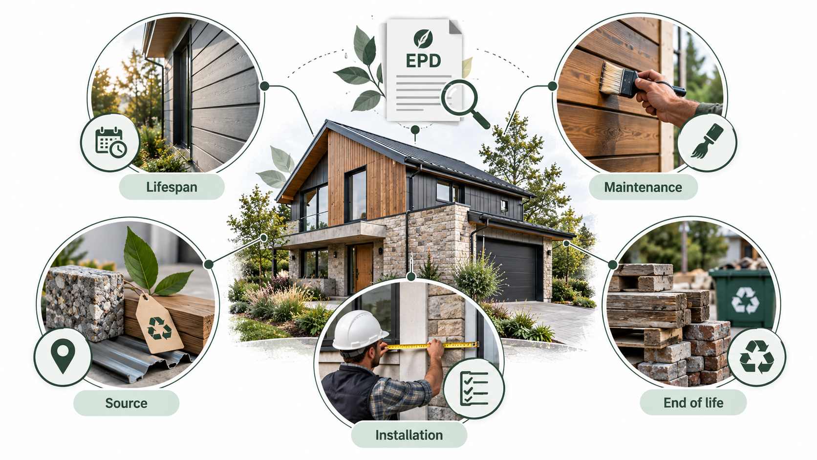 Infographic showing five checks for sustainable building materials, including lifespan, maintenance, sourcing, installation and recycling.