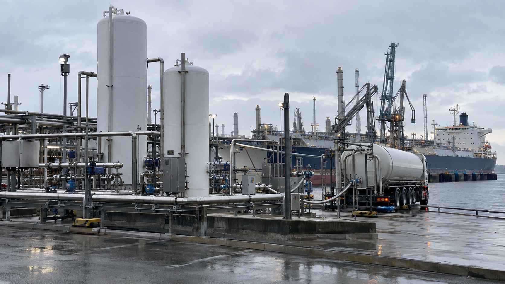 Hydrogen facility with storage tanks, pipelines, tanker truck and cargo ship.