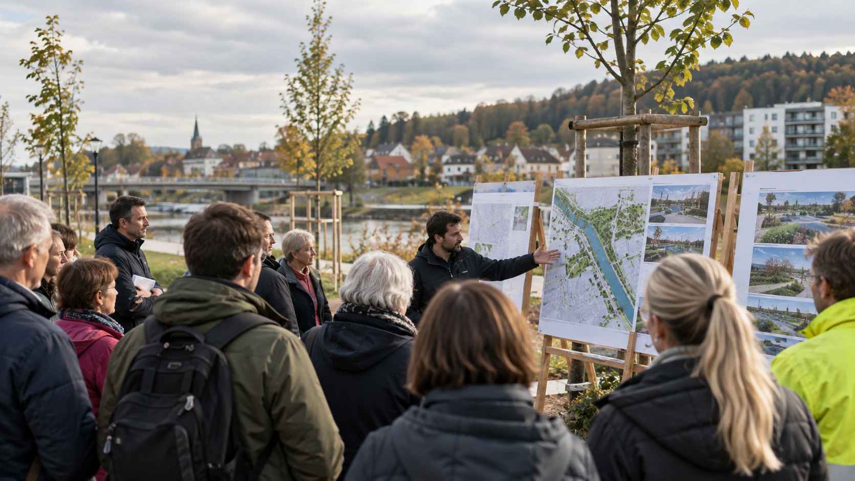 Community meeting outdoors with residents reviewing urban planning boards.