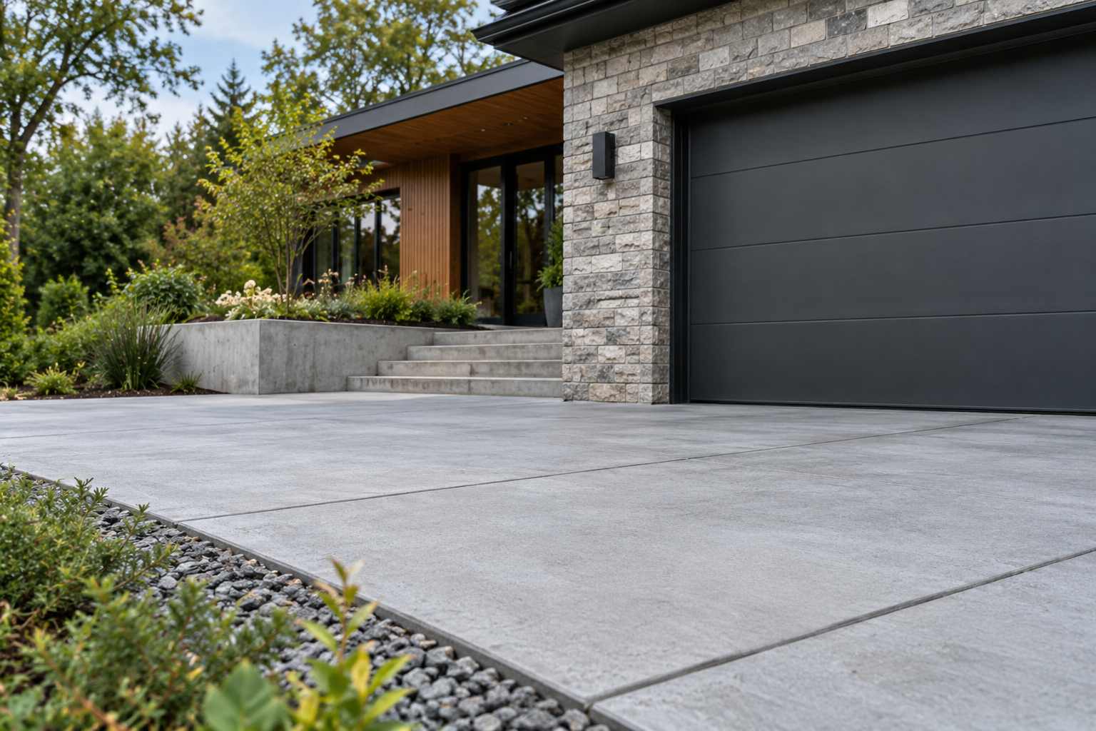 Modern home with a smooth concrete driveway, concrete steps and landscaped garden.