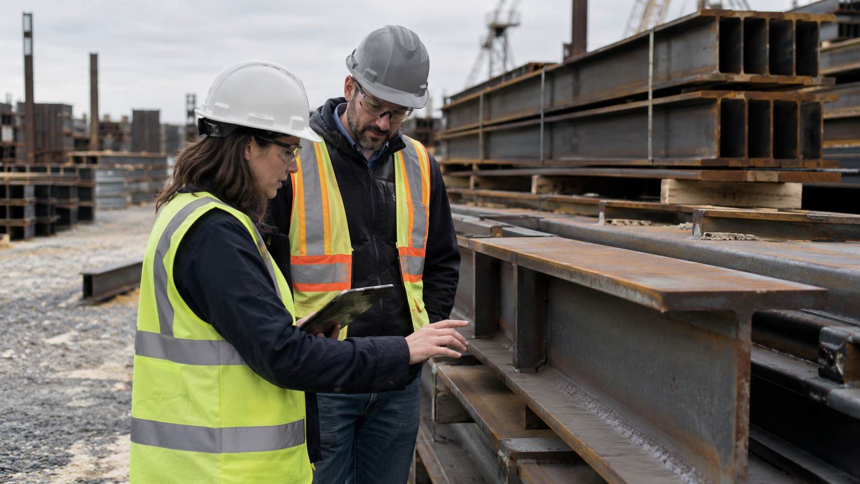 Two engineers examining large structural steel beams