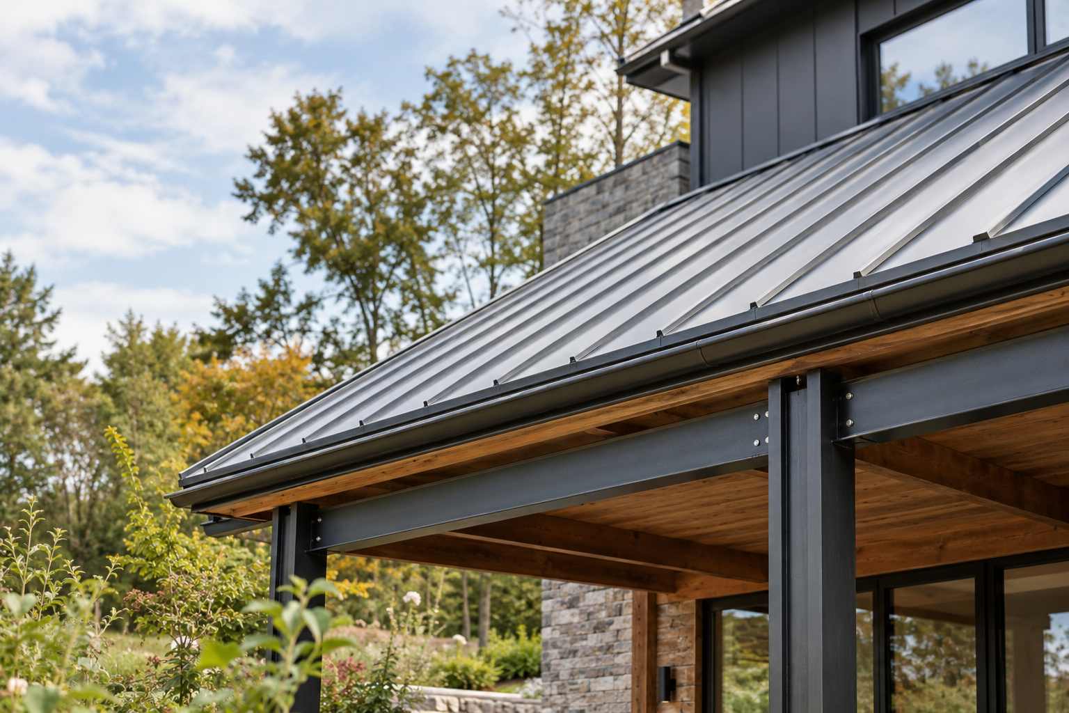 Gray standing seam steel roof with exposed structural steel beams on a modern home.
