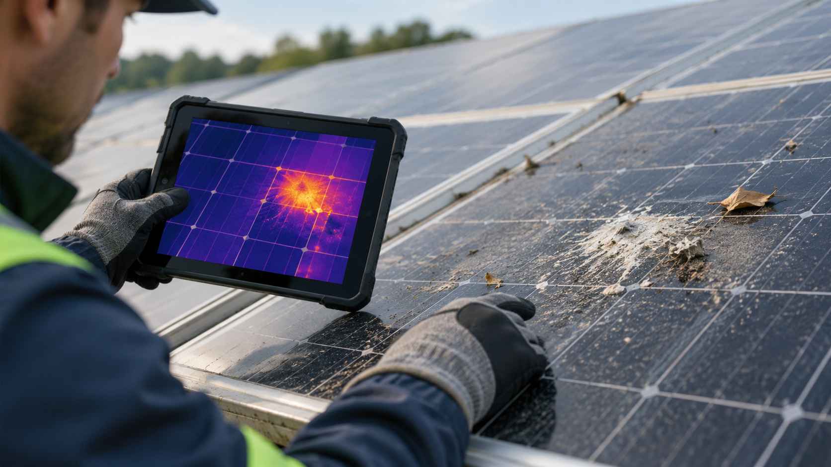 Technician comparing a thermal hot spot with dirt and bird droppings on a solar panel