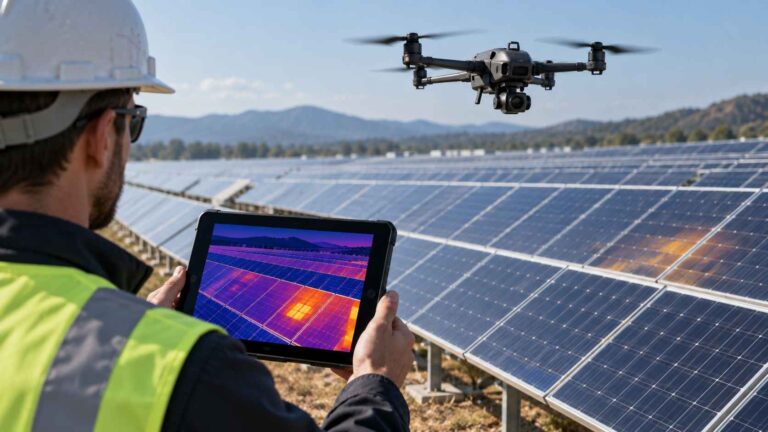 Technician using a thermal camera drone to inspect solar panels for hot spots.