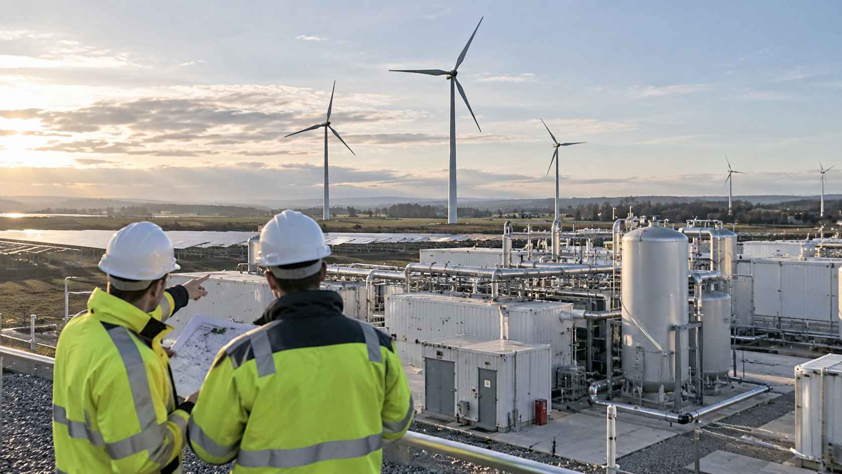 Two engineers overlooking a renewable energy facility with wind turbines and solar panels.