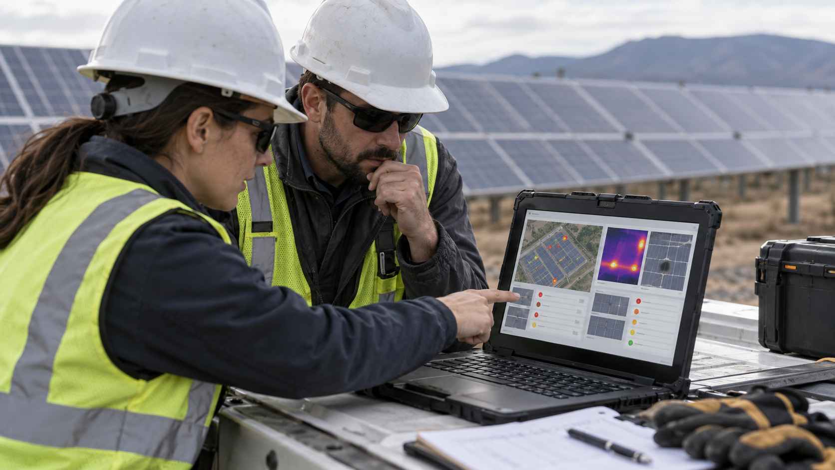 Solar technicians reviewing thermal inspection results on a rugged laptop beside a solar array.