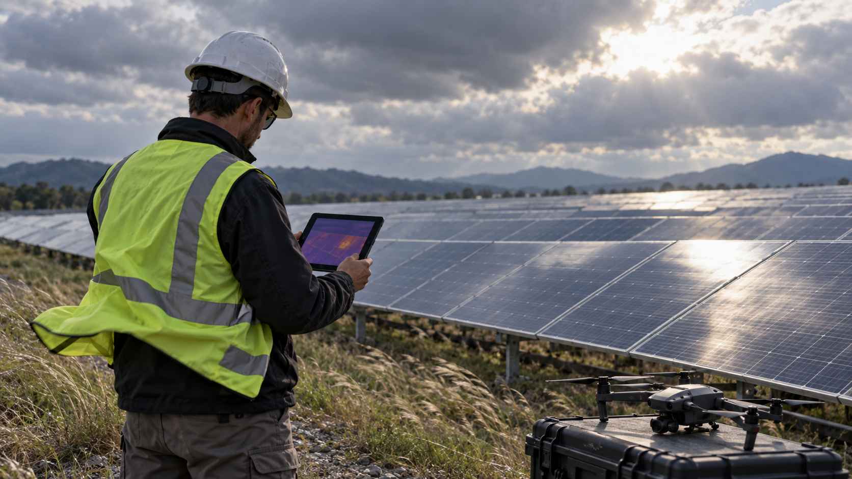 Technician checking solar panels during cloudy and windy conditions before a thermal drone inspection.