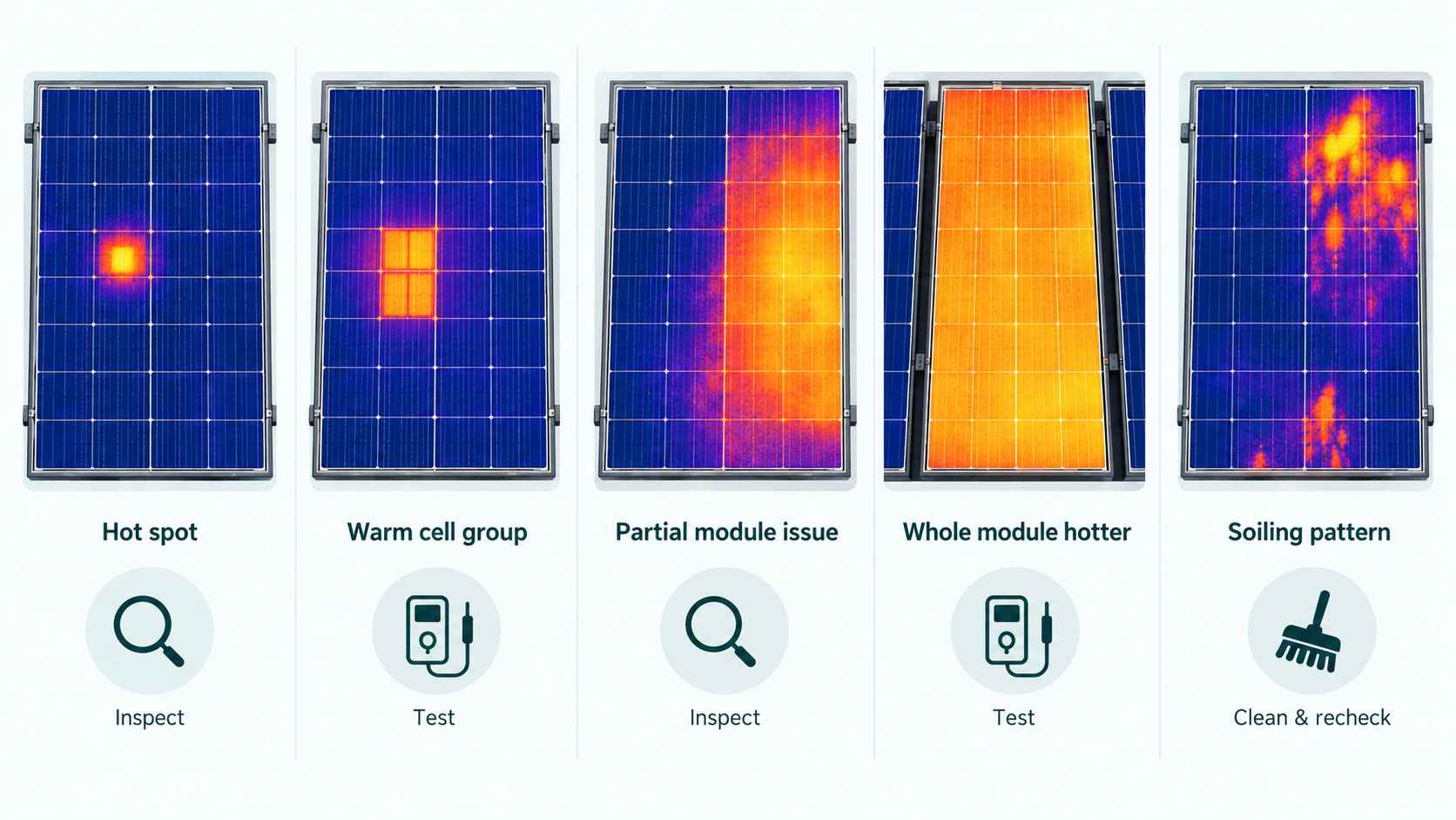 Infographic showing common solar panel thermal patterns, including hot spots, warm cells, module faults, and soiling.